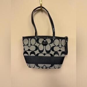 COACH Signature Striped Tote F17433 Black Jacquard Leather Purse Shoulder Bag